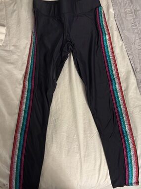 Terez Black Leggings with Glitter Rainbow Side Stripes
